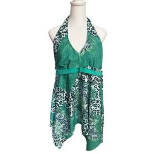 Modlily Halter Swim Top - Vibrant Green Print Kerchief Style XL